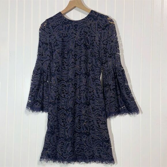 Dress the Population Navy Gold Metallic Lace Bell Sleeve Shift Dress S USA Party - Picture 1 of 9